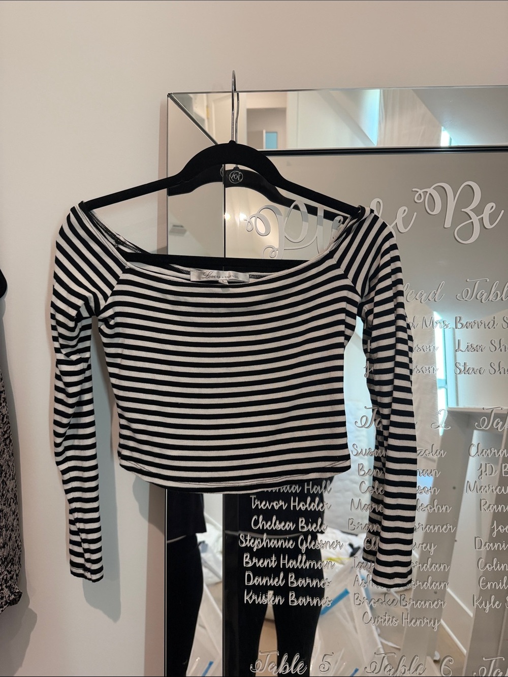 Lovers + Friends Black and White Striped Off-Shoulder Long Sleeve Crop Top